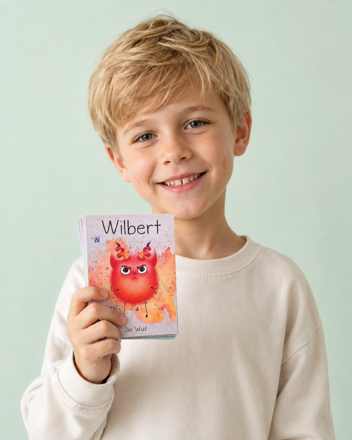 Junge zeigt eine Wilbert-Karte